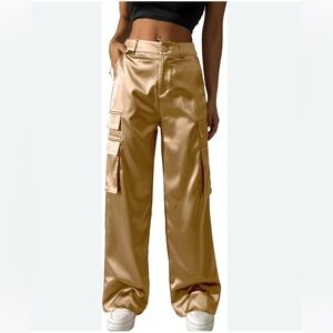MNG Sz XL Gold Cargo Pants Satin Shiny Finish Slinky Pull On Elastic Waist NEW